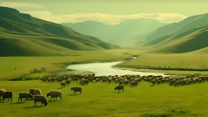 肥沃草原喂养牛羊景观高清图版权图片下载