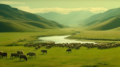 肥沃草原喂养牛羊景观高清图
