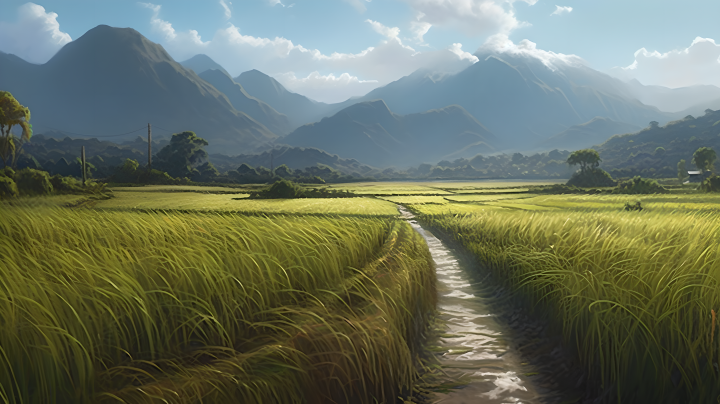 阳光下的稻田与远山风景图版权图片下载