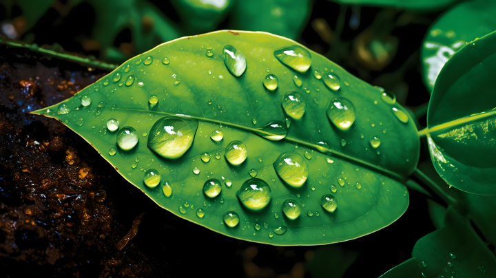 雨天森林中的翠绿叶子版权图片下载