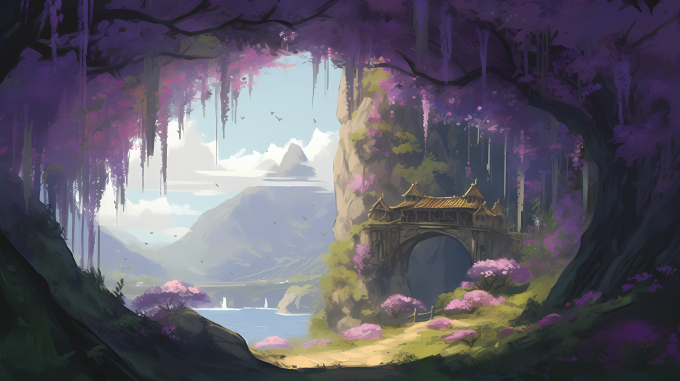 宫崎骏风格紫藤花树山水画摄影