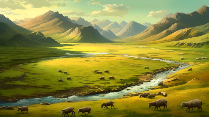 草原河边牧羊自然风光高清图版权图片下载
