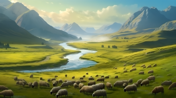 山峰平原壮美牧牛羊风景高清图