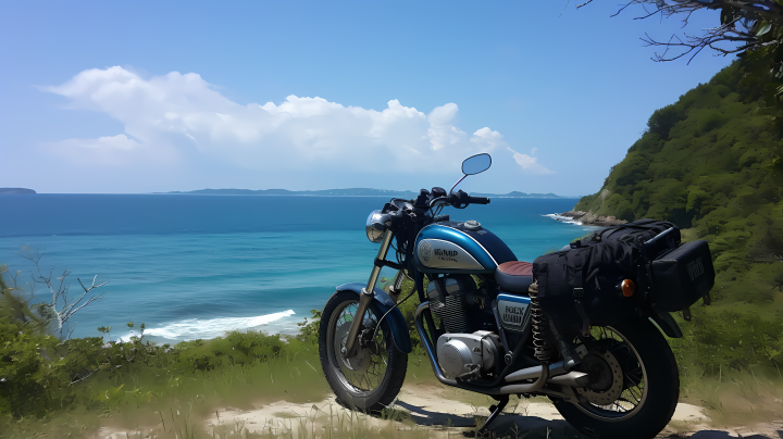 碧海蓝天边上小岛上停放的摩托车高清图版权图片下载