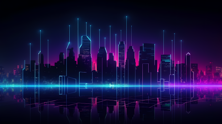 蓝紫色科技灯光城市剪影图版权图片下载