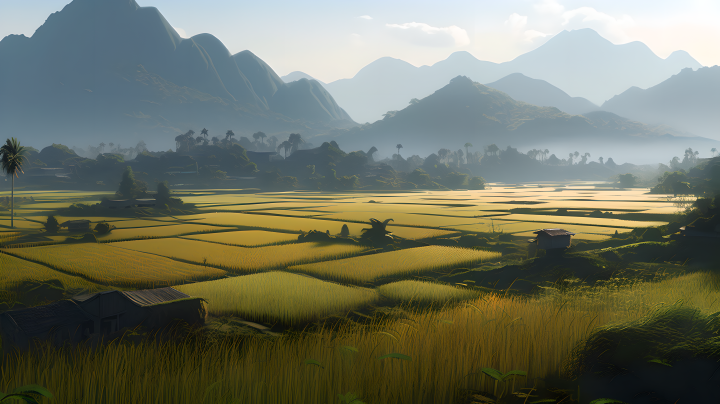 阳光穿过稻田洒落在远山间风景图版权图片下载