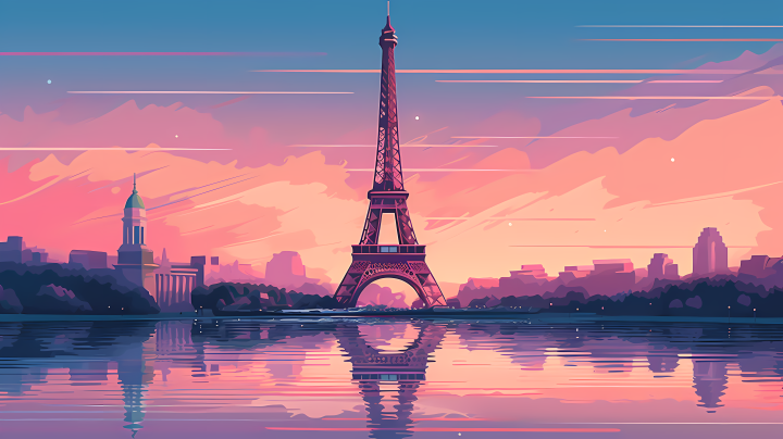 巴黎铁塔粉蓝紫色插画高清图版权图片下载