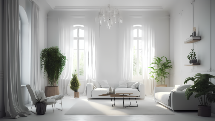 白色客厅绿植沙发小茶几高清图版权图片下载