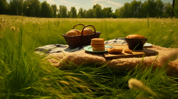 清新明亮的草原野餐摄影图片