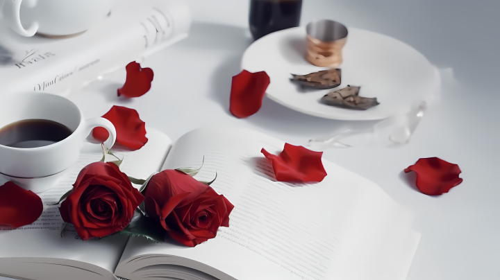 清新白色桌面上的红色玫瑰高清图版权图片下载