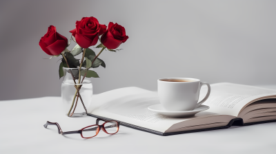 干净整洁的桌面上的咖啡和玫瑰花高清图