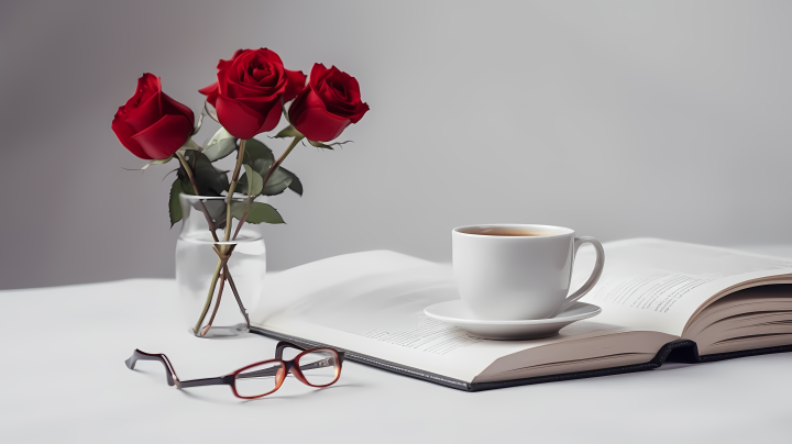 干净整洁的桌面上的咖啡和玫瑰花高清图版权图片下载