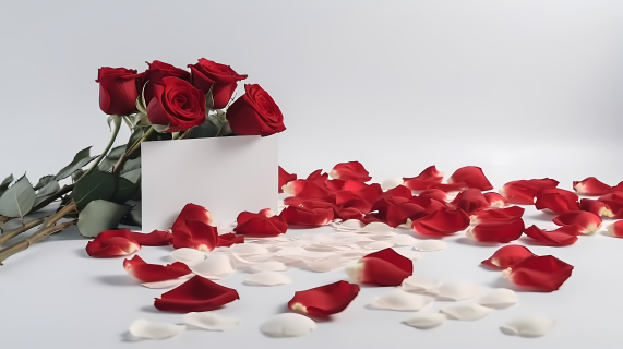 红色玫瑰花和洒落的花瓣高清图