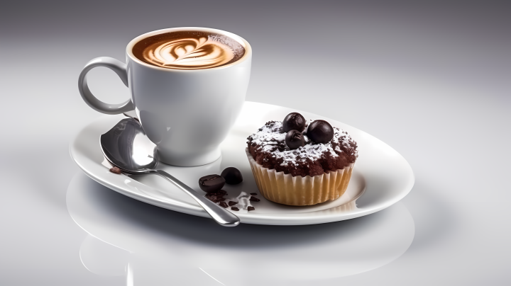 带拉花的咖啡和小甜点高清图版权图片下载