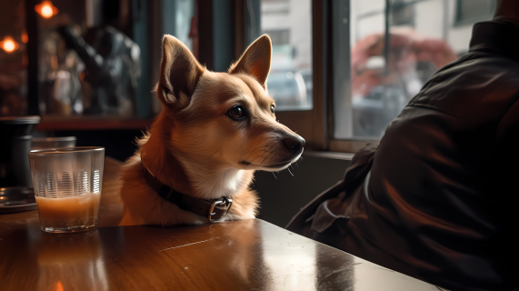 黄色小狗咖啡馆里的狗狗摄影