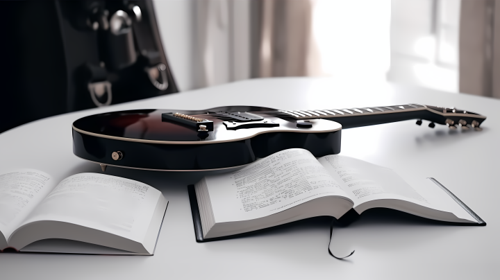 白色桌子上的吉他和书版权图片下载