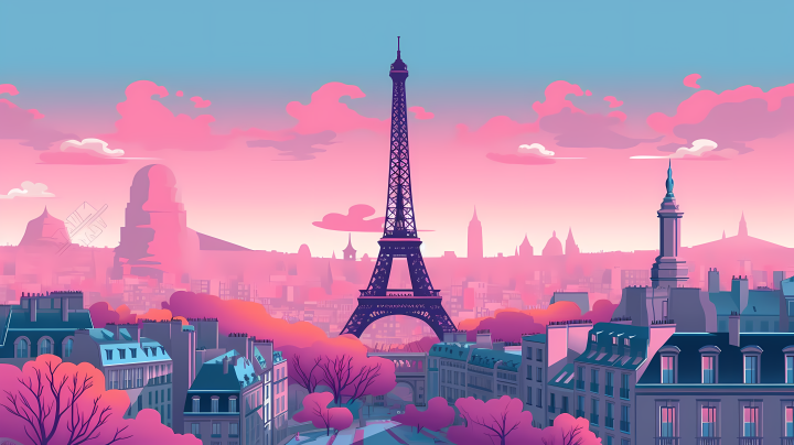 动画巴黎铁塔粉紫色高清图版权图片下载