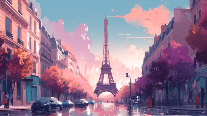 巴黎铁塔-浪漫的紫色与粉色高清图版权图片下载