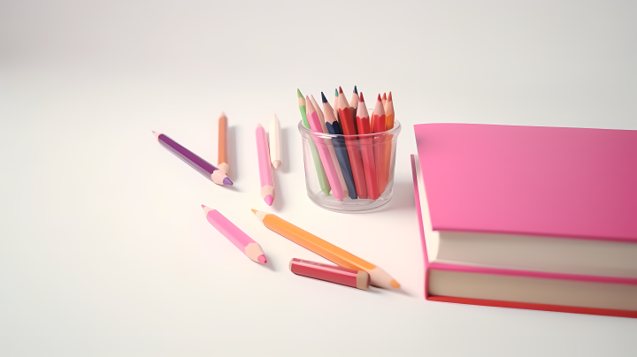 粉色桌面彩色铅笔书本高清图版权图片下载