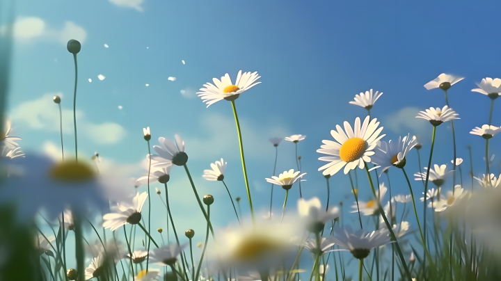 黄色雏菊在蓝天下盛开的田园风光版权图片下载