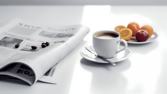 白色桌面上的杂志与咖啡