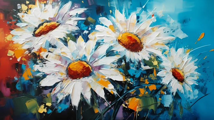白雏菊和向日葵的彩色极简主义绘画版权图片下载