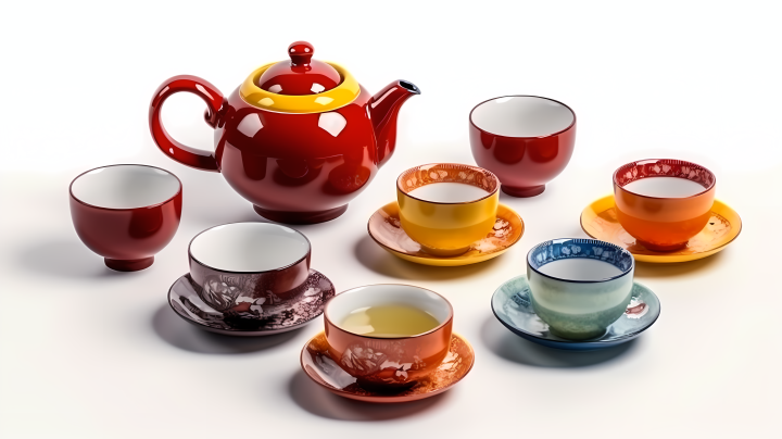 色彩鲜艳的茶具摆设高清版权图片下载