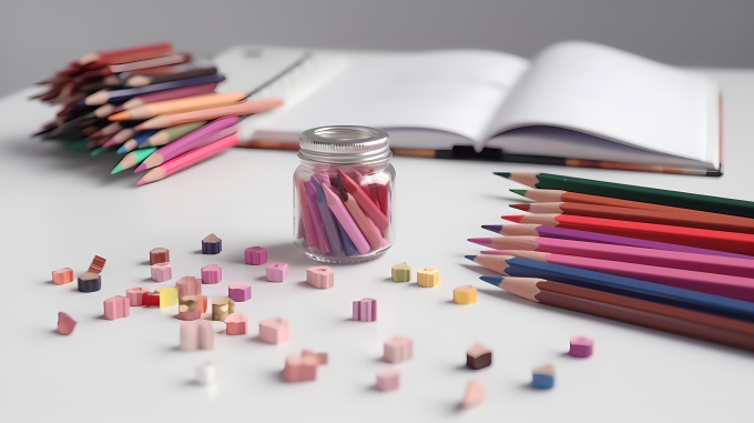 粉色桌面上的彩铅画高清图