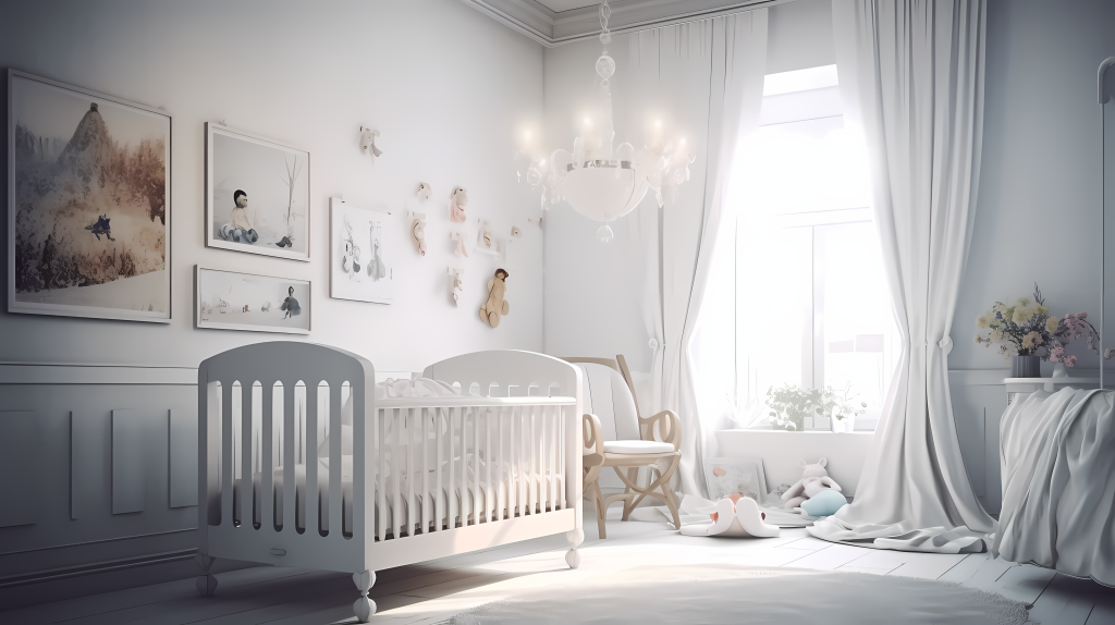 简约白色婴儿房间布置摄影图
