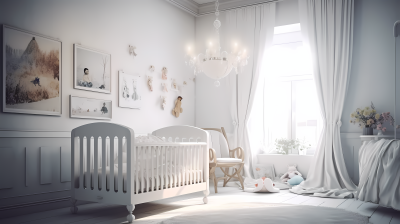 简约白色婴儿房间布置摄影图