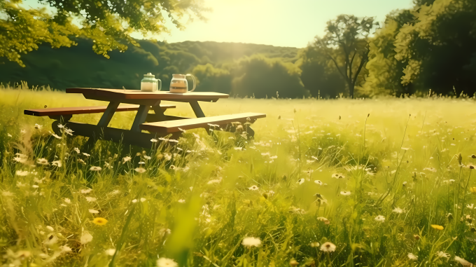 绿草地户外野餐美景图