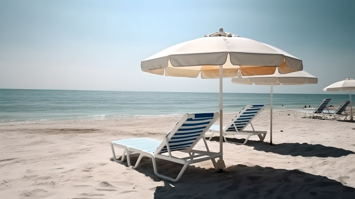阳光沙滩椅和游泳圈旅游版权图片下载