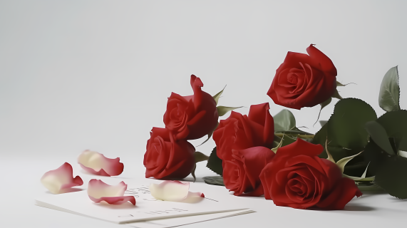 白色桌面上的玫瑰花和贺卡高清图