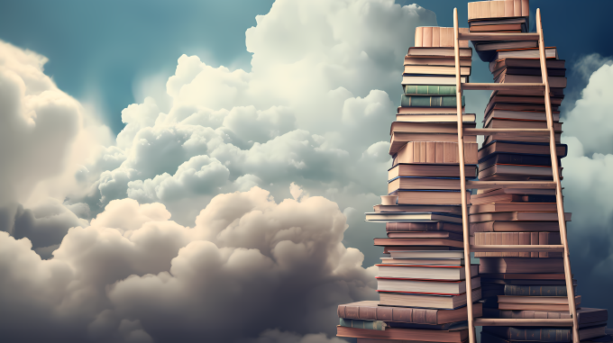 天空云端书堆与梯子摄影