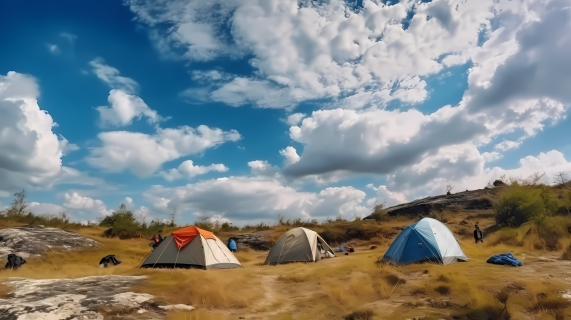 野外露营下的蓝天白云和彩色帐篷摄影图片