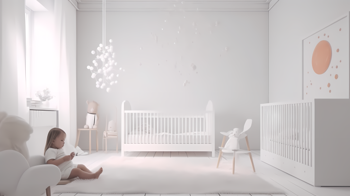 白色婴儿床上的宝宝摄影版权图片下载