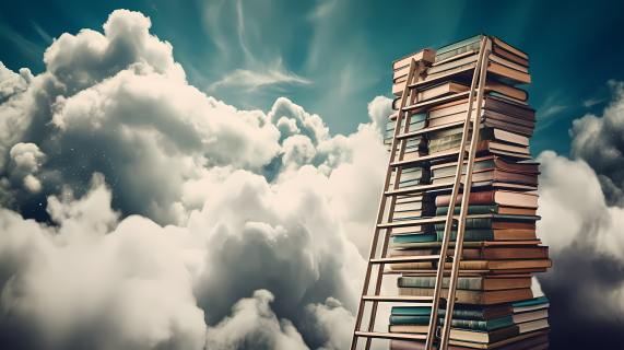 云端书堆与梯子的摄影图