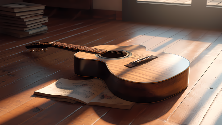 室内木地板上的吉他与书籍版权图片下载