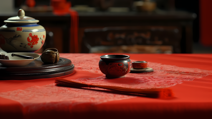 红色桌子上的“福”字和中国结高清图版权图片下载