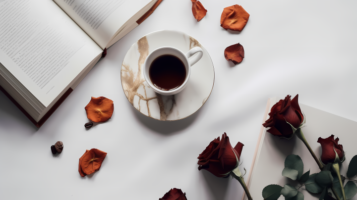 白桌上的书咖啡和玫瑰花高清图版权图片下载