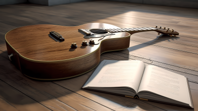 木地板上的吉他和书