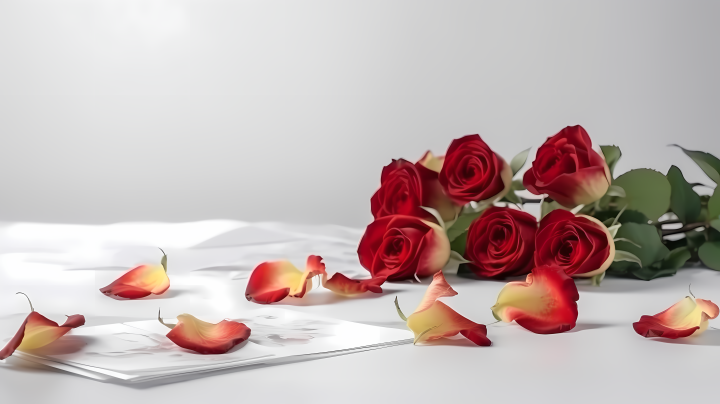 洒落在桌子上的玫瑰花高清图版权图片下载