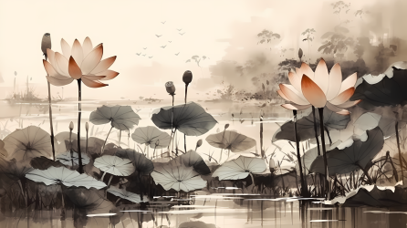 水墨莲花中国画风格的淡雅手绘摄影图片
