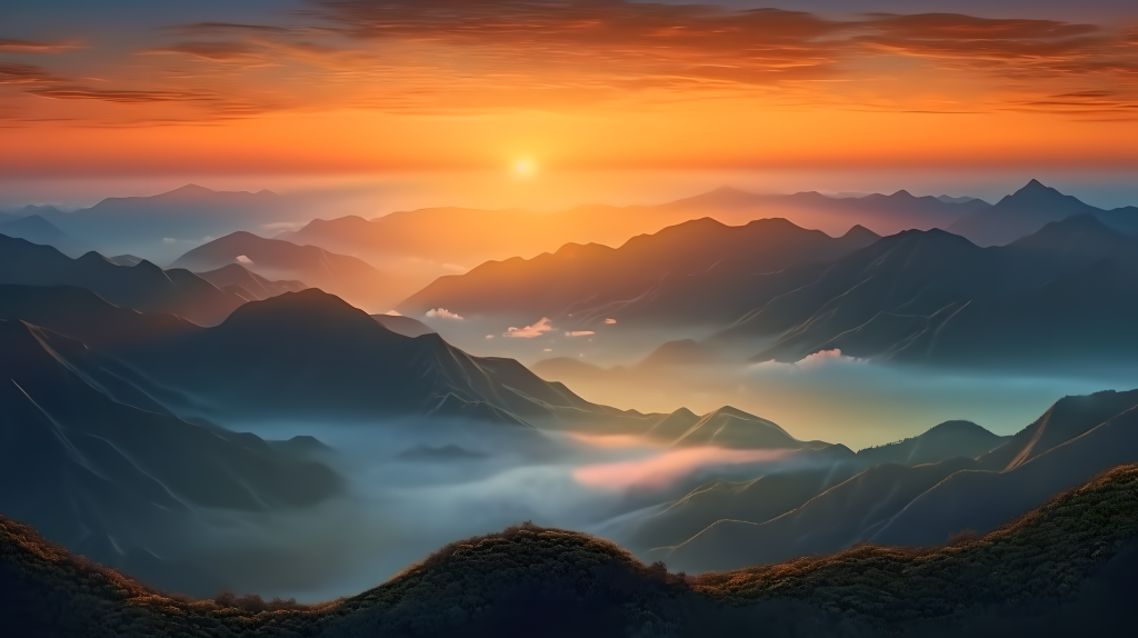 旭日临空云海苍茫远山青翠明艳多彩版权图片下载