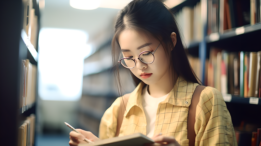 书架旁女孩阅读图书图片