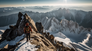 登山者在雪山山顶全景摄影图