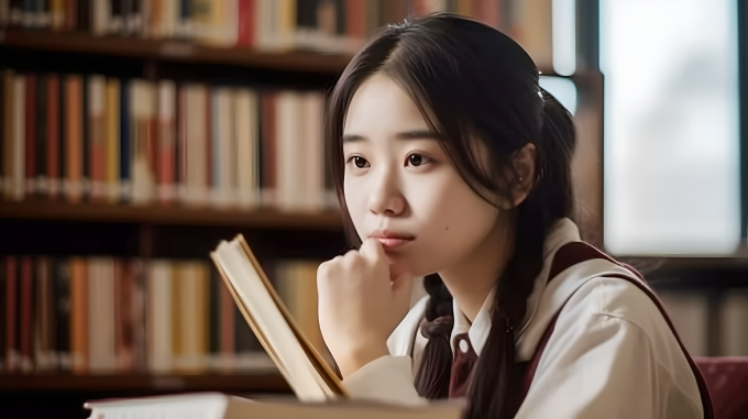 在图书馆里发呆的可爱女生高清图