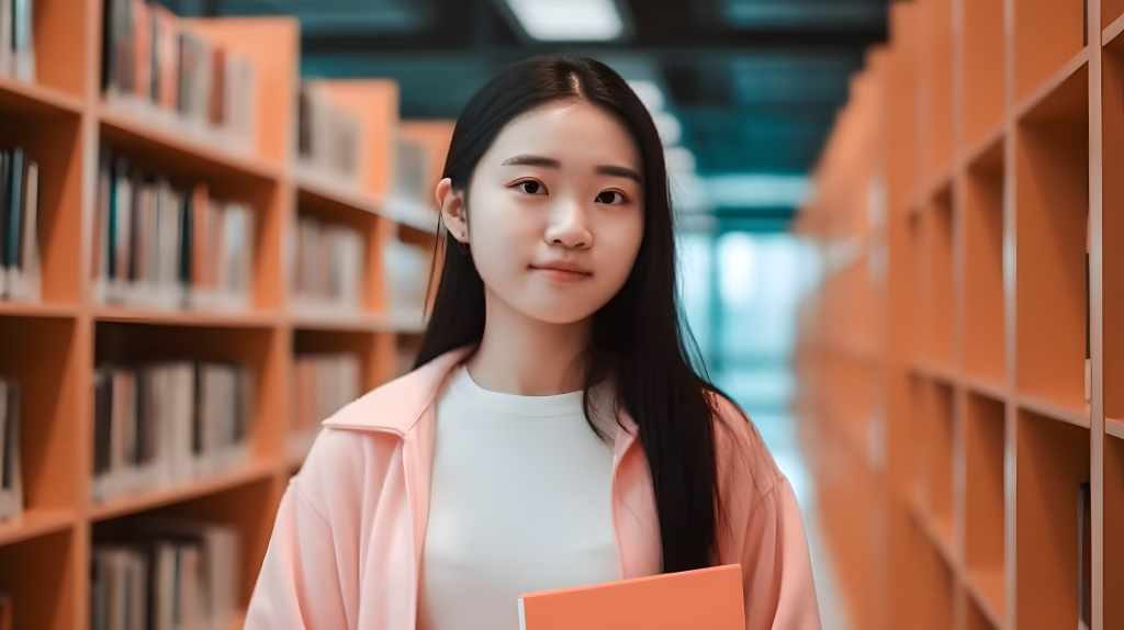 穿梭在图书馆书架中的学生高清图版权图片下载