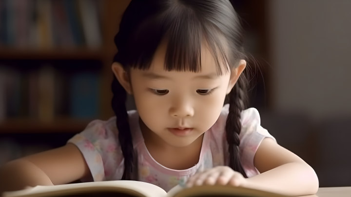 小女孩阅读开本书与书桌上的书版权图片下载