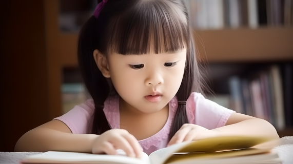 亚洲小女孩阅读开本书摄影图片